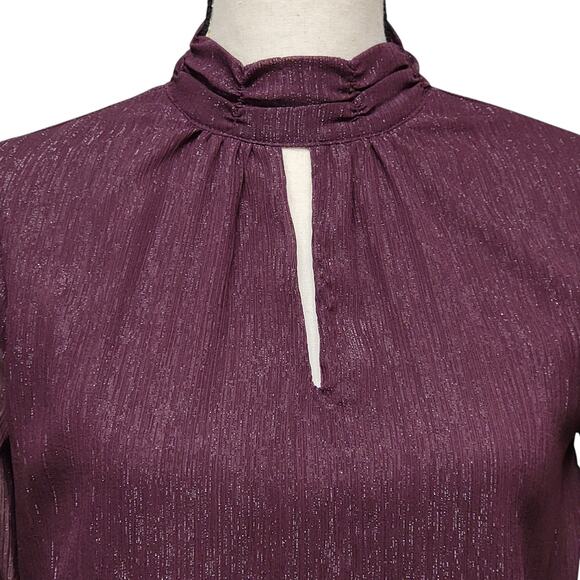 Purple Blouse Womens Sz XS Sparkle Sheer Ruffle‎ Sleeve Keyhole Whimsygoth Party - Picture 2 of 8